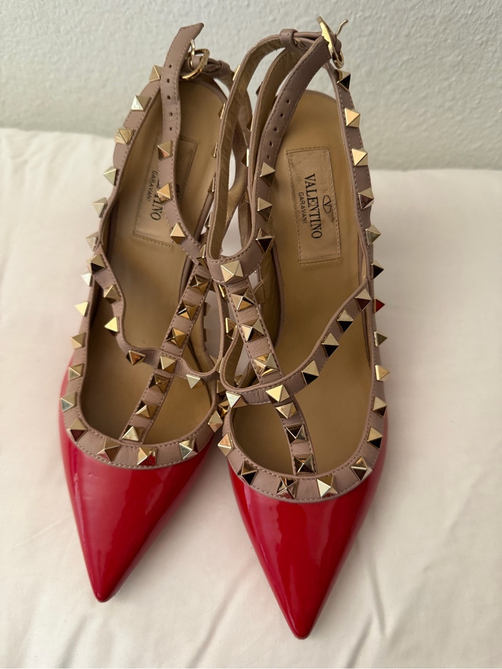 Valentino Red Patent Pointed-Toe Rockstud Slingback heels size 36 1/2